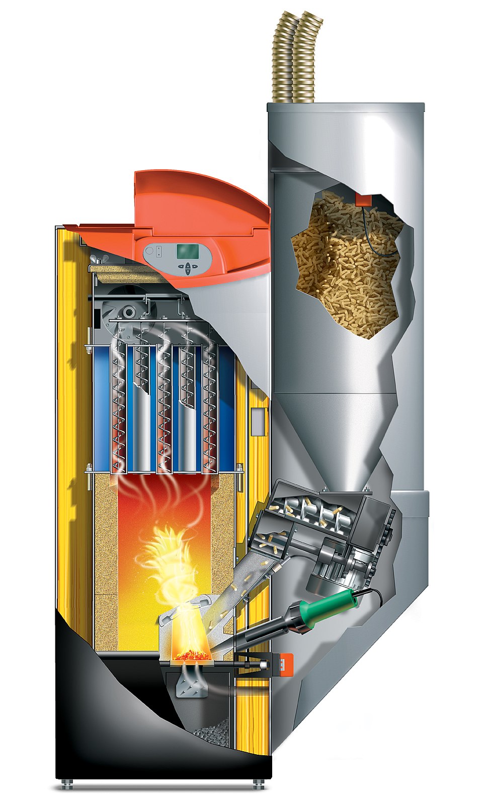 Vue en coupe d'une chaudière à granulés montrant le fonctionnement interne